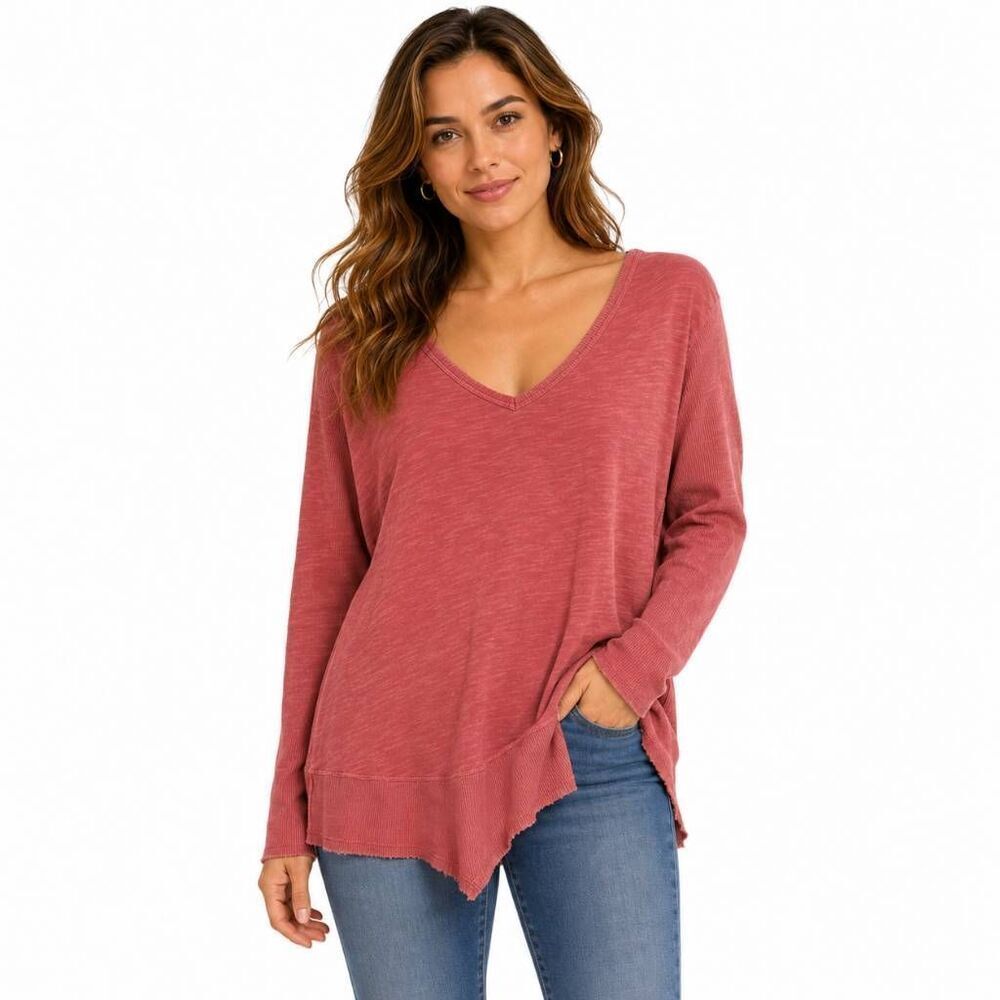 Free People Medium Coral V Neck Asymmetrical Tunic Top